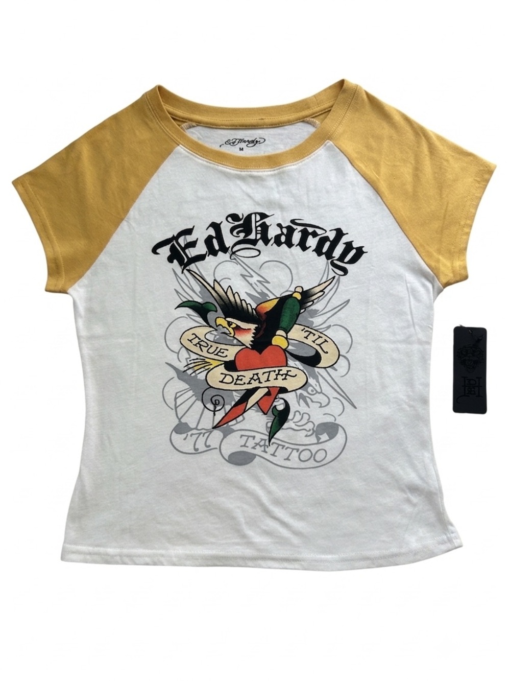 Ed Hardy Y2K Raglan Tee White Gold True Til Death Eagle Tattoo Size M NWT